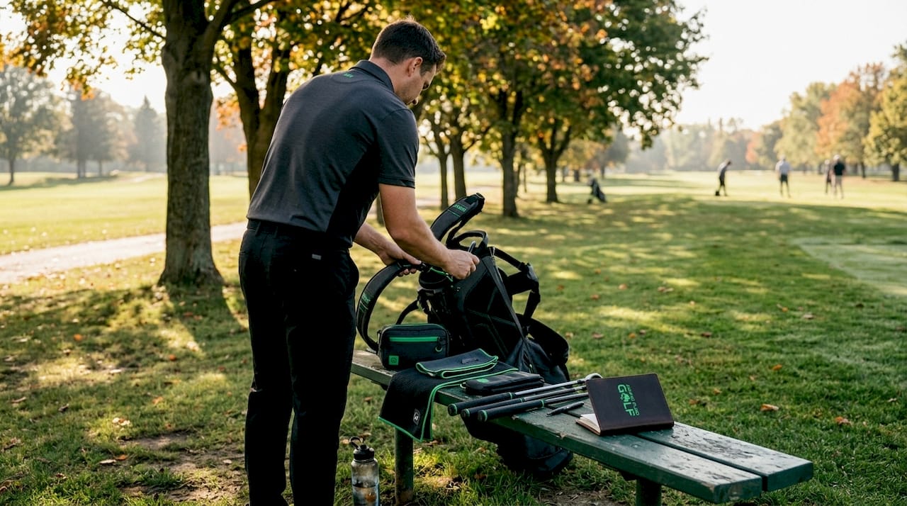 Golfer organizing modular gear at course bench