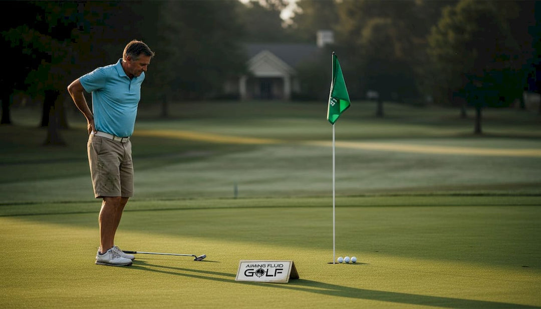 Golfer stretching near putting green at sunrise