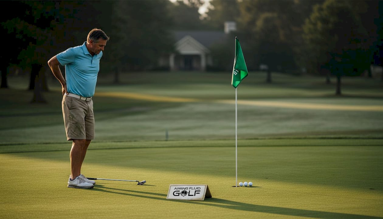 Golfer stretching near putting green at sunrise