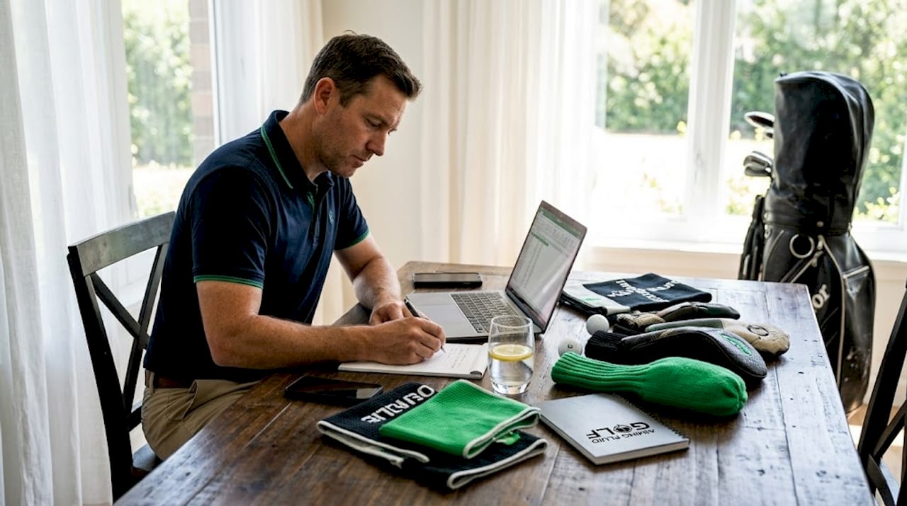 Golfer comparing various golf gear at home table