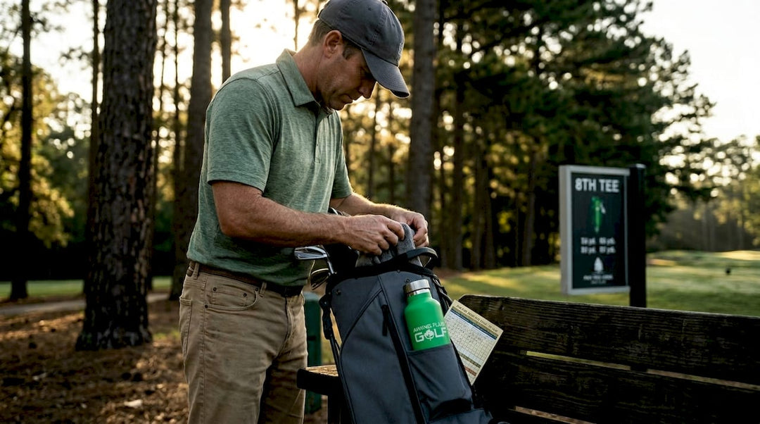 Golfer organizing minimalist bag on bench