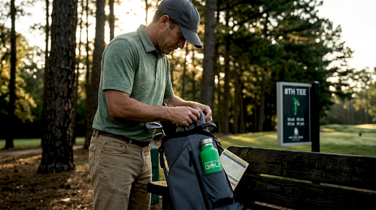 Golfer organizing minimalist bag on bench