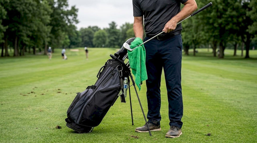 Golfer quickly cleaning club near fairway