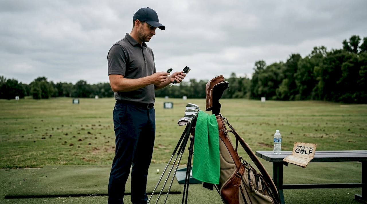 Golfer comparing golf accessories at practice range