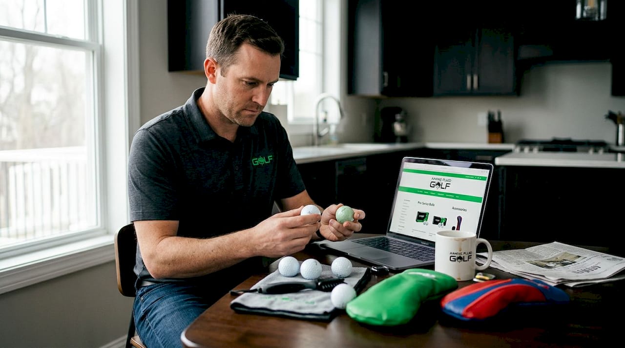 Person comparing golf accessories at kitchen table