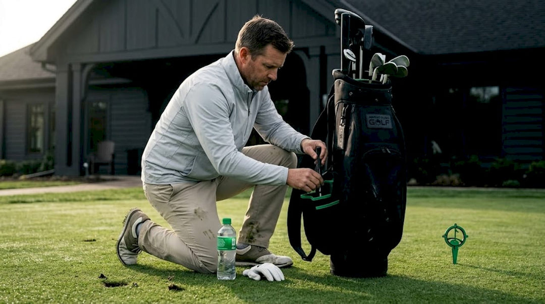 Golfer sorting golf bag by layer outdoors