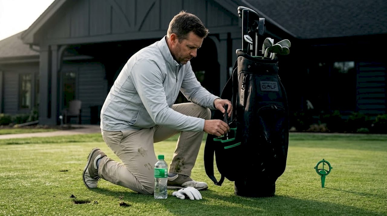 Golfer sorting golf bag by layer outdoors