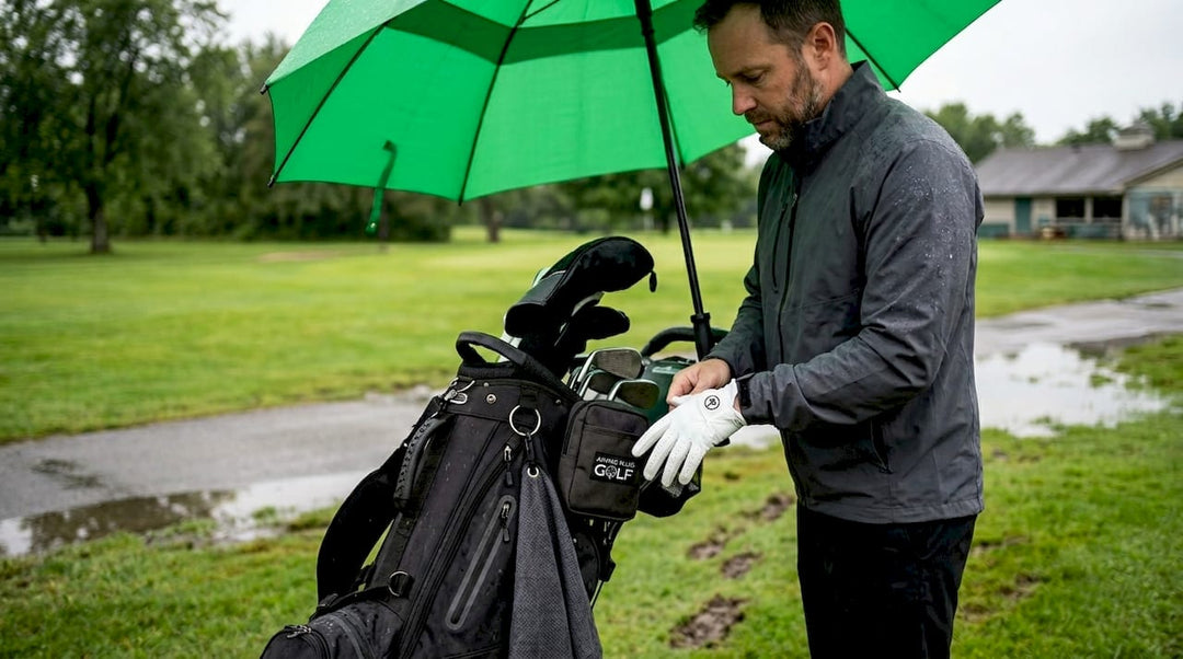 Golfer uses waterproof golf accessories in rain