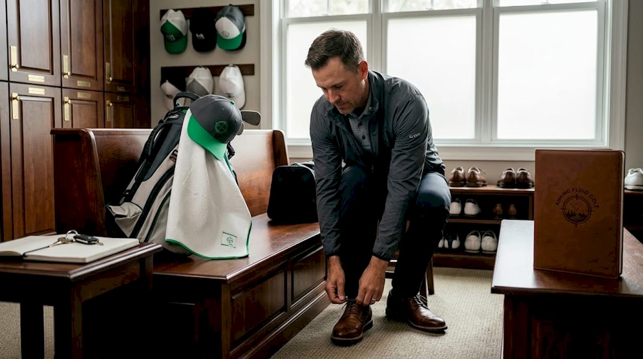 Golfer preparing gear in clubhouse locker room