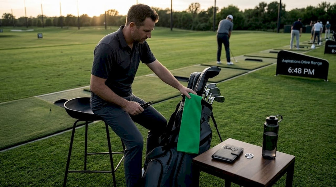 Golfer organizing caddie tools on bench