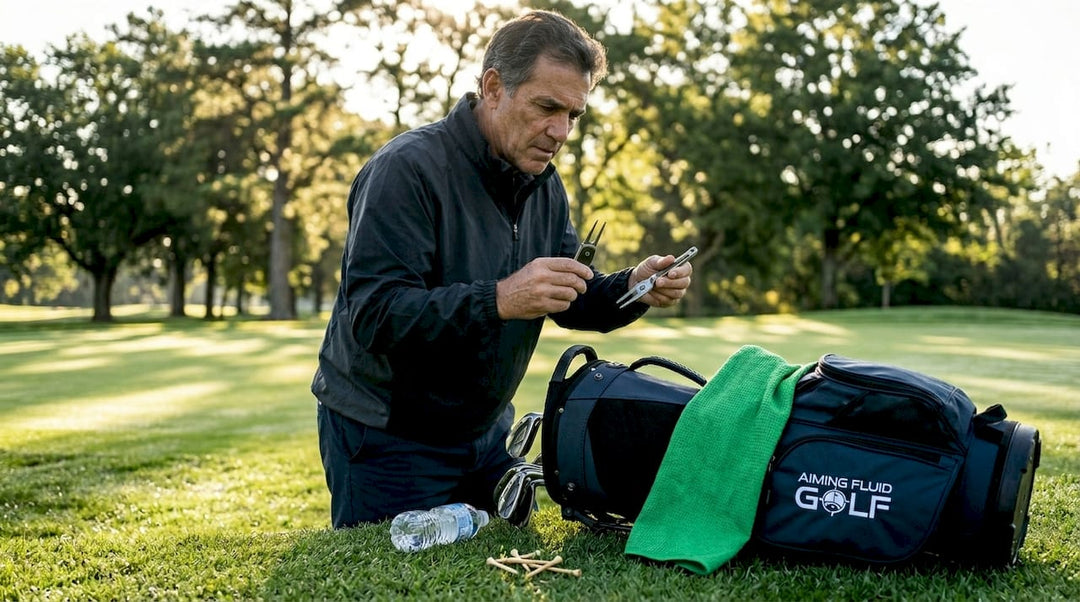 Golfer examining standard and premium golf tools