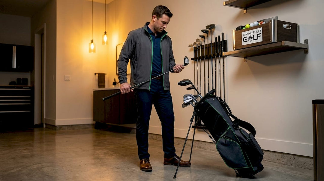 Golfer examining futureproof golf gear at home