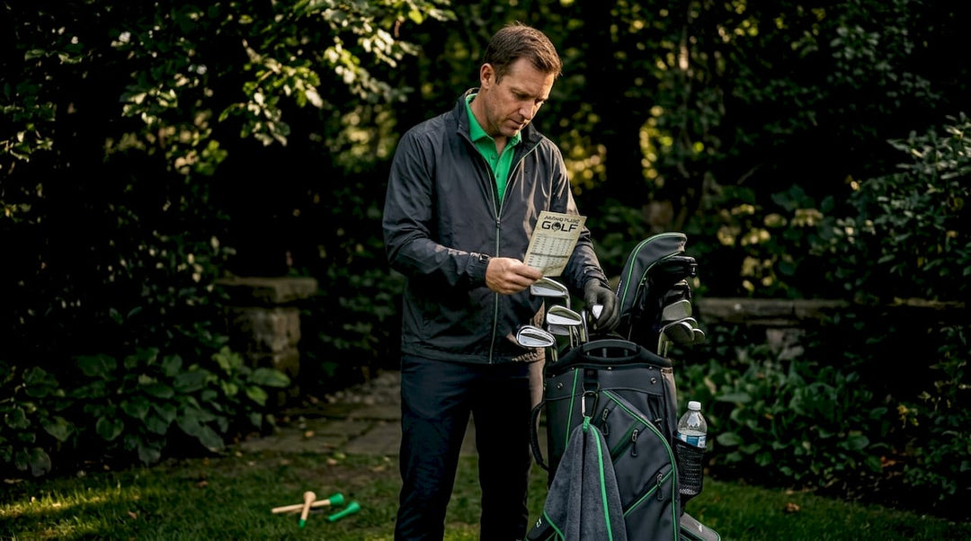 Golfer organizing clubs in premium golf bag