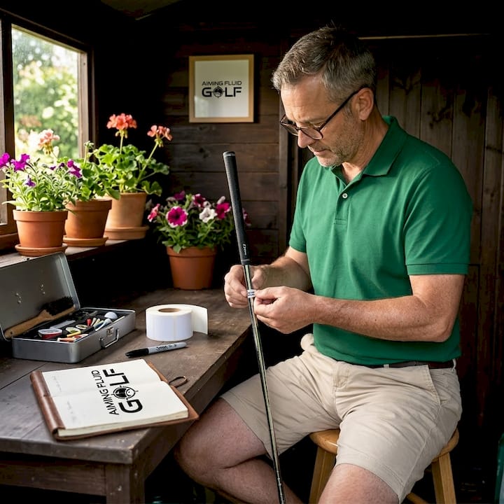 Golfer labeling club in garage workspace