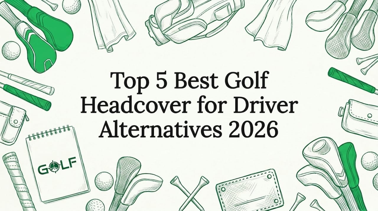Hand-drawn golf headcovers, tees, and club sketches frame blog title