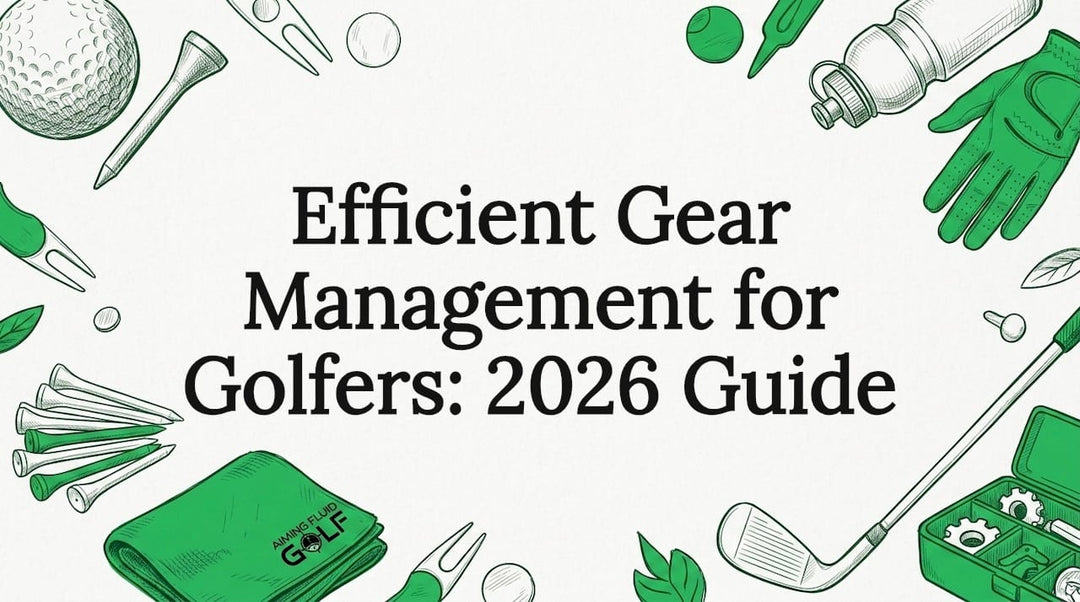 Decorative title card illustration with golf gear sketches