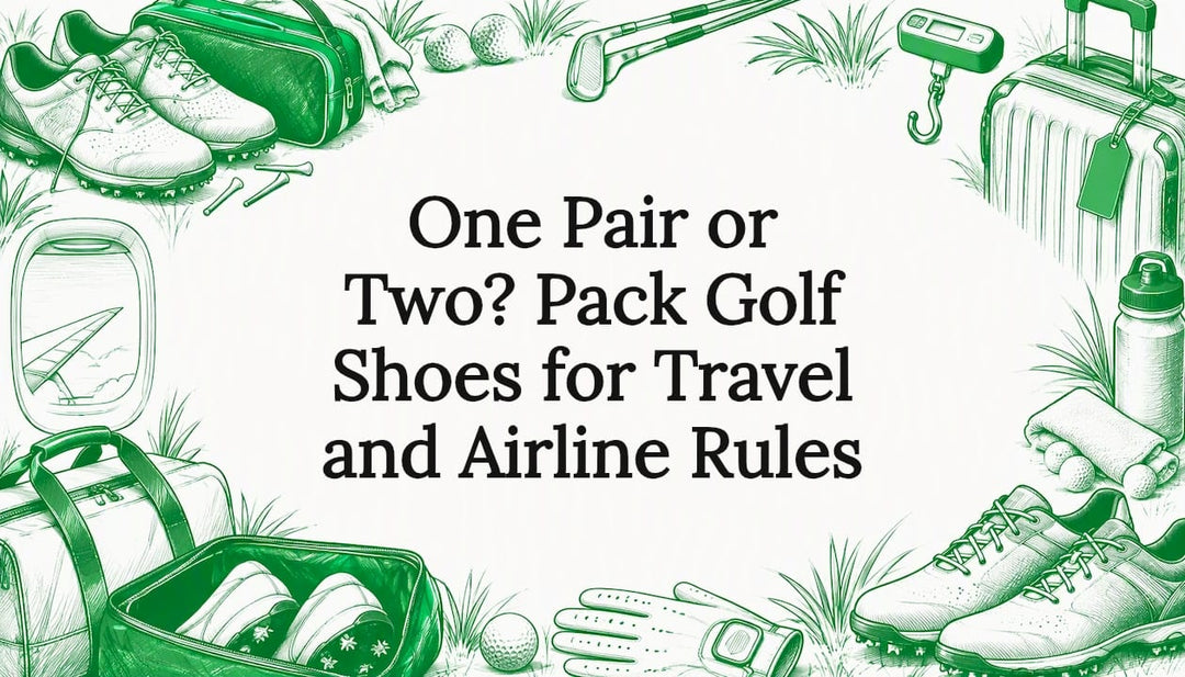 Golf travel title card with shoes and luggage
