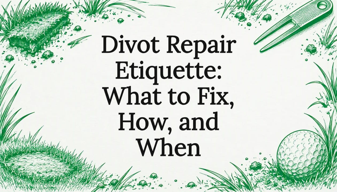 Golf divot repair sketches framing the title