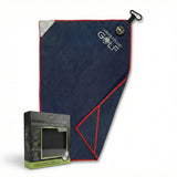 Compact magnetic golf towel in blue with scrub pad and wash pocket, designed for fast on-course cleaning