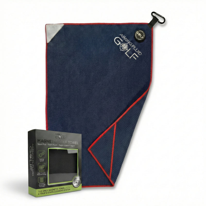 Compact magnetic golf towel in blue with scrub pad and wash pocket, designed for fast on-course cleaning