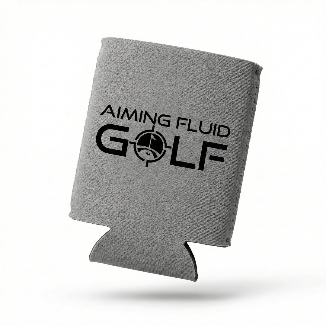 Brewski Koozie in gray with "Aiming Fluid Golf" logo, designed to keep beverages cold during golf outings.