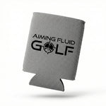 Brewski Koozie in gray with "Aiming Fluid Golf" logo, designed to keep beverages cold during golf outings.