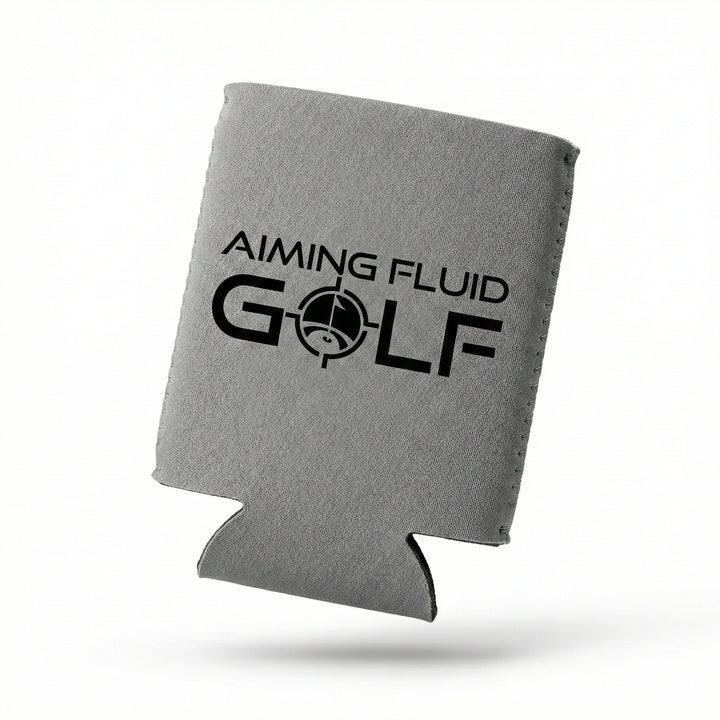 Brewski Koozie in gray with "Aiming Fluid Golf" logo, designed to keep beverages cold during golf outings.