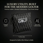 Black leather golf utility pouch with Aiming Fluid Golf branding on a dark background