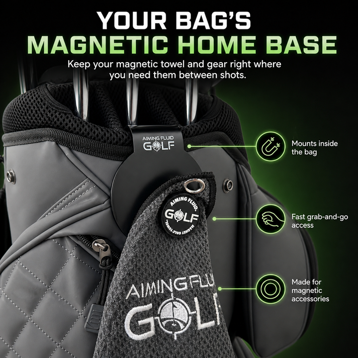 Magnetic Landing Pad installed on golf bag lip between dividers for towel docking.