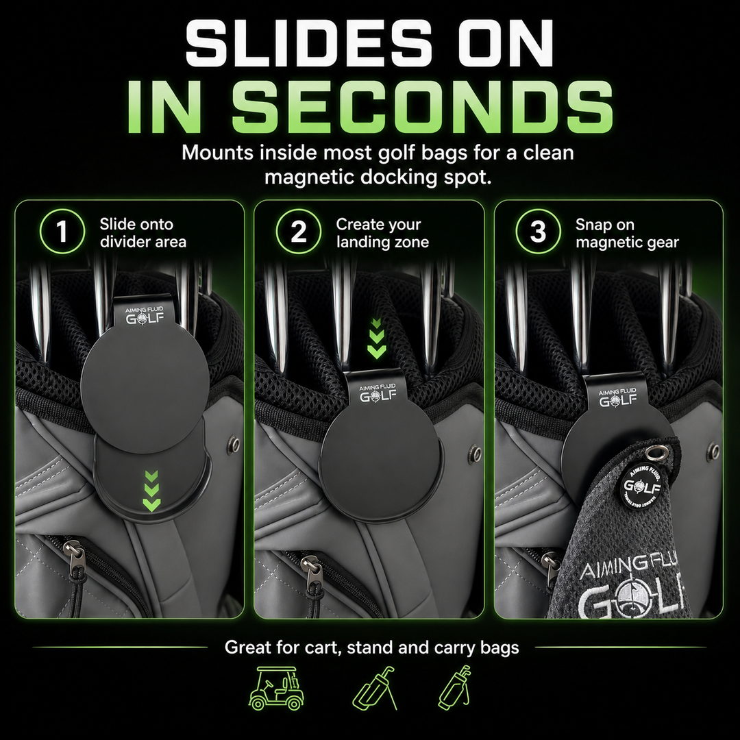 Aiming Fluid Golf golf bag towel dock showing magnetic towel attachment surface.