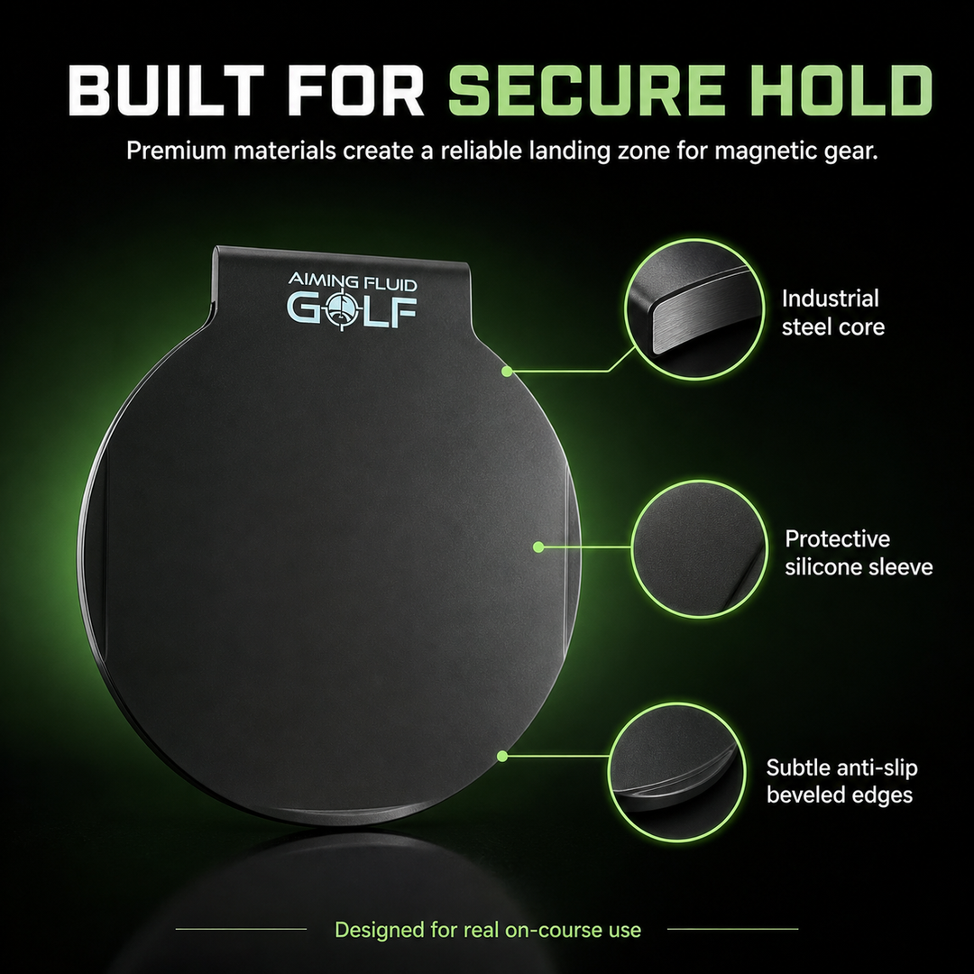 Magnetic golf towel Landing Pad positioned inside golf bag dividers for no-look docking.