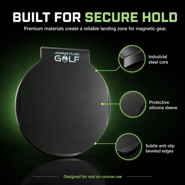 Magnetic golf towel Landing Pad positioned inside golf bag dividers for no-look docking.