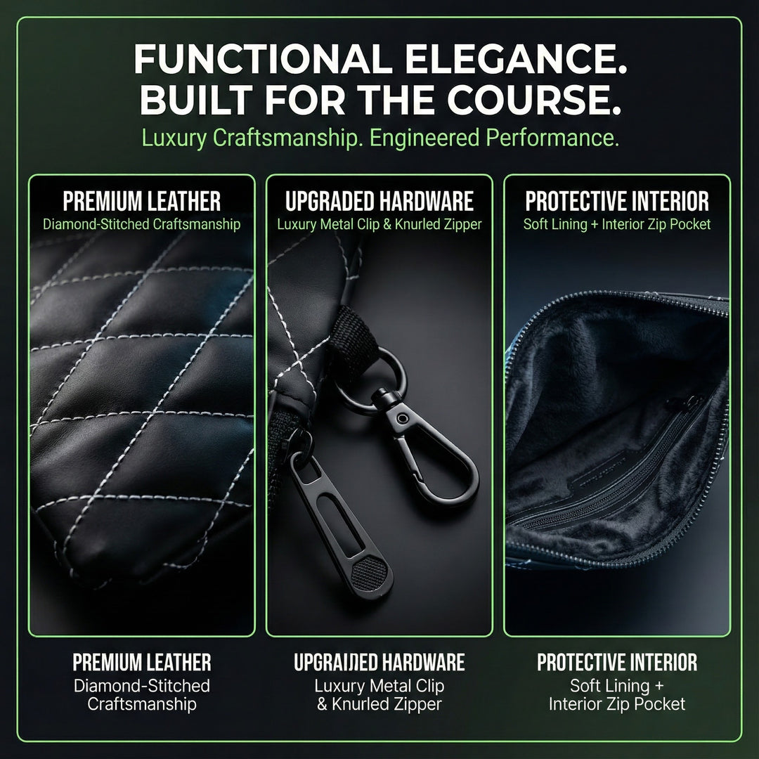 Aiming Fluid Golf Product features with text highlighting premium leather, upgraded hardware, and protective interior on a dark background. luxury utility and travel pouch