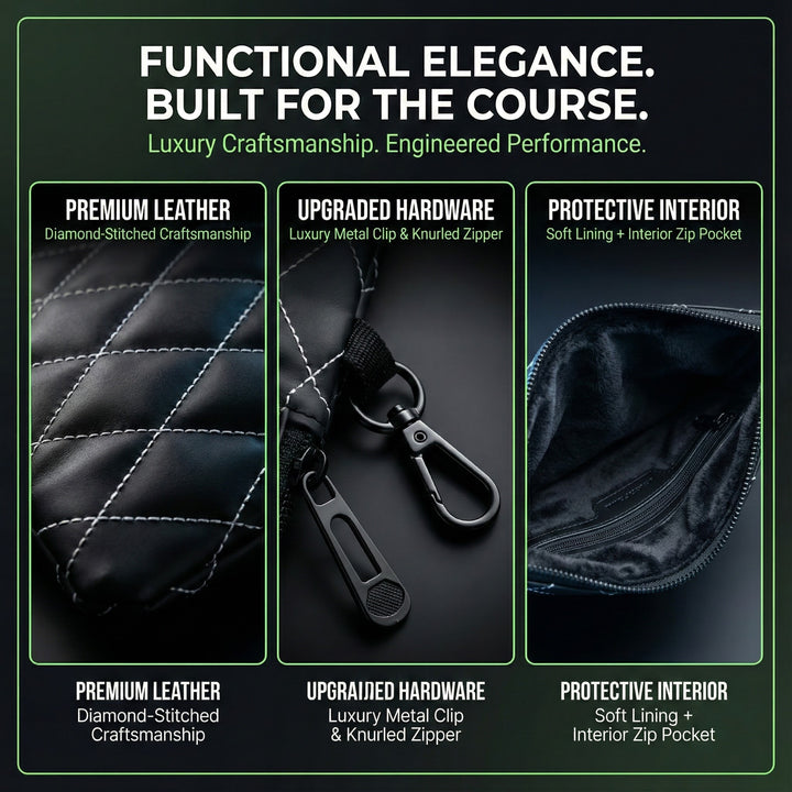 Aiming Fluid Golf Product features with text highlighting premium leather, upgraded hardware, and protective interior on a dark background. luxury utility and travel pouch