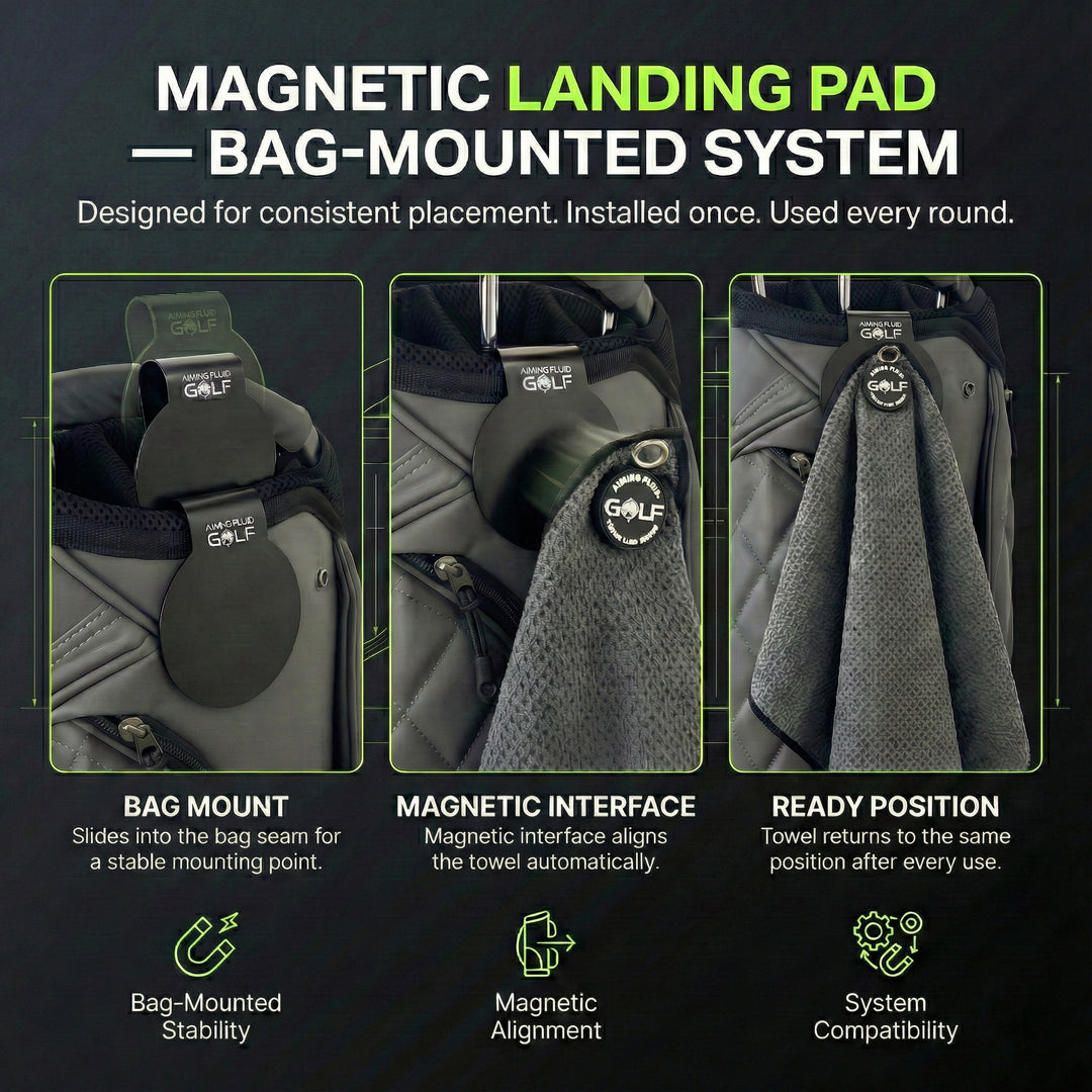 Steel-core Magnetic Landing Pad installed on golf bag for The 40 magnetic towel docking system.