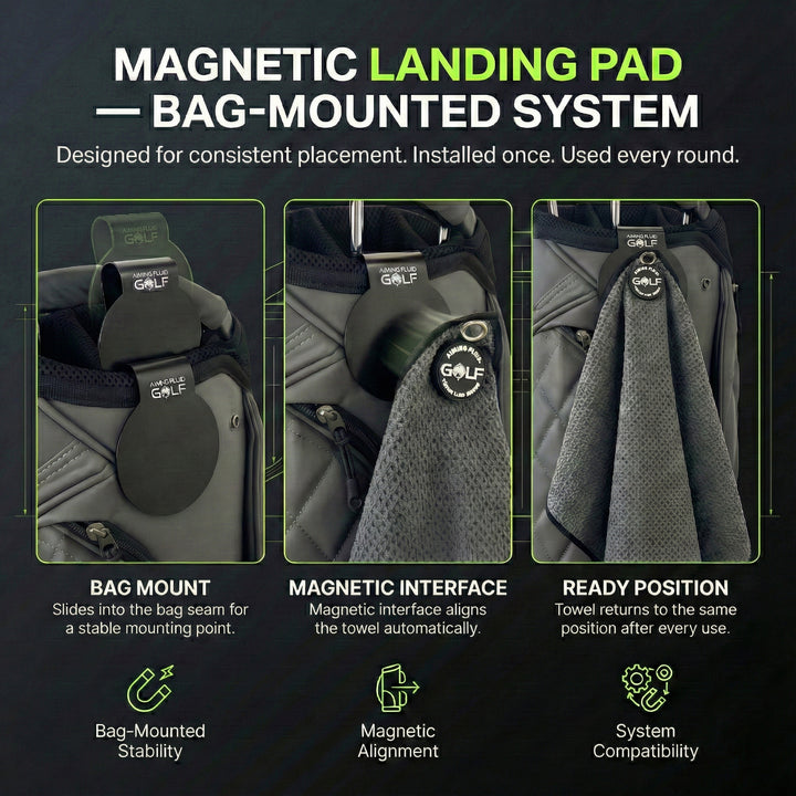 Steel-core Magnetic Landing Pad installed on golf bag for The 40 magnetic towel docking system.