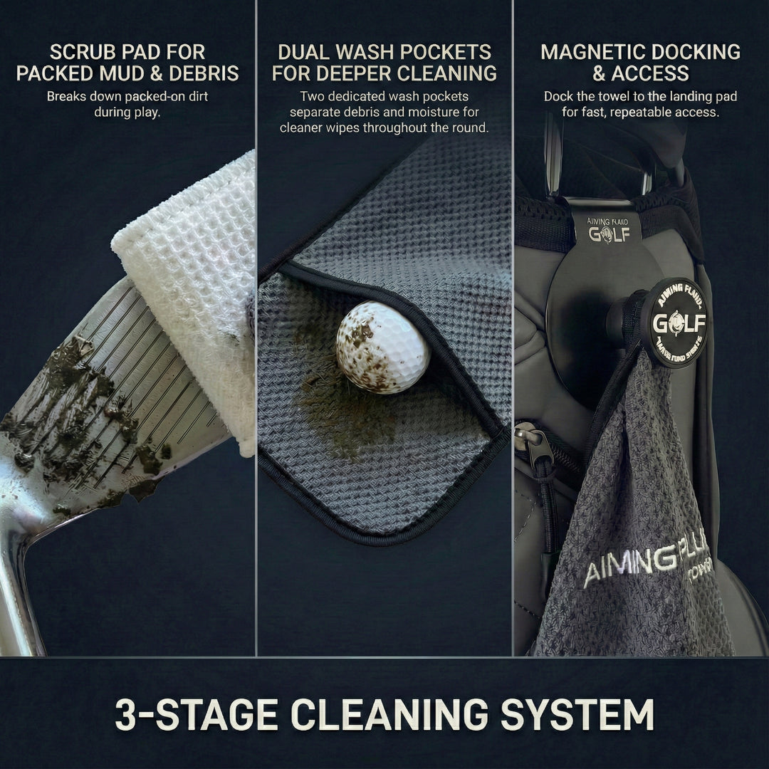 The 40 16x40 magnetic golf towel and Landing Pad bundle with three-stage club cleaning system.