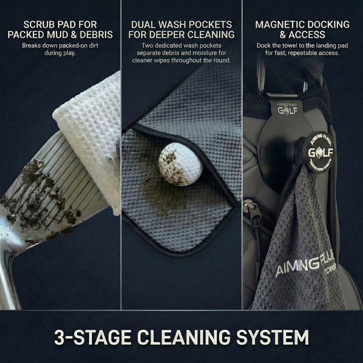 The 40 16x40 magnetic golf towel and Landing Pad bundle with three-stage club cleaning system.