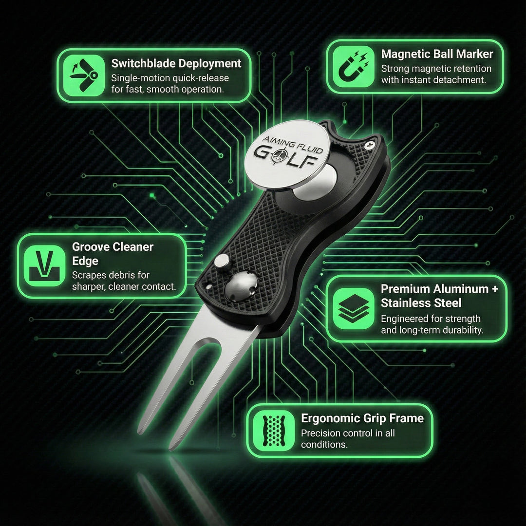 aiming fluid golf Golf tool with features highlighted on a dark background