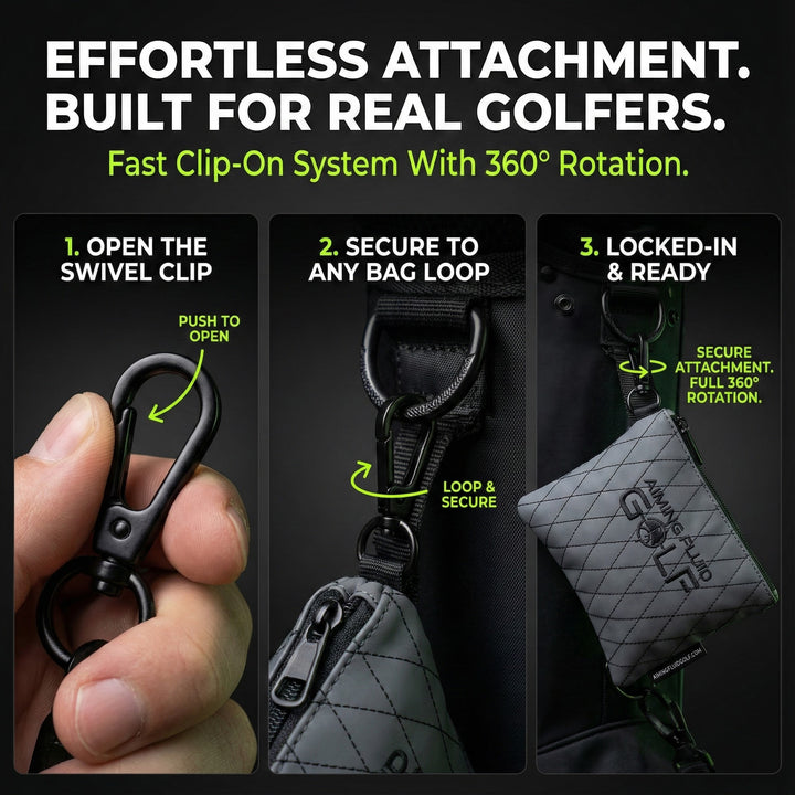 Aiming Fluid Golf Golf bag clip attachment system with step-by-step instructions on a dark background