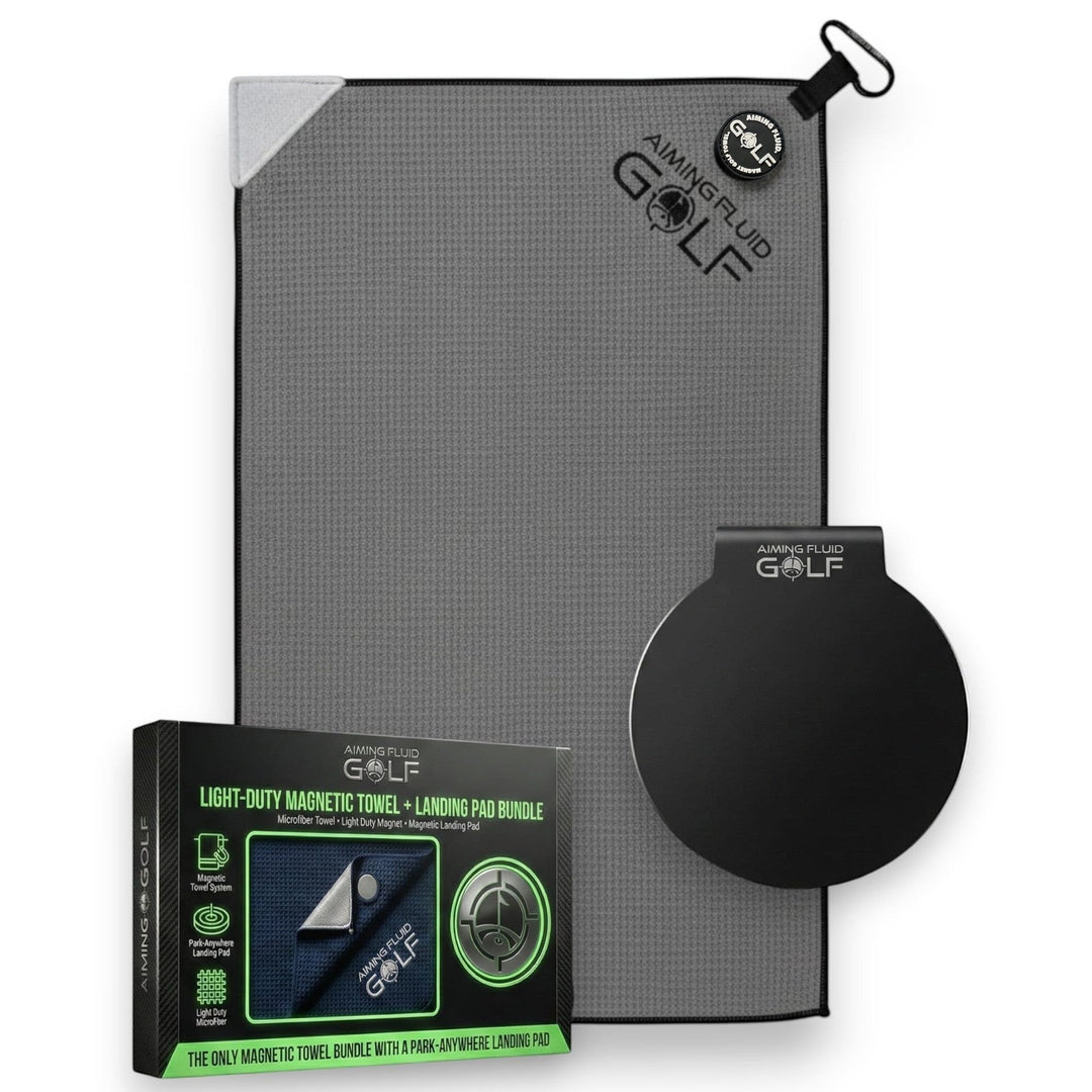 aiming fluid golf Golf grey towel with magnetic towel and landing pad bundle packaging on a white background, 3 stage cleaning system, magnetic landing pad