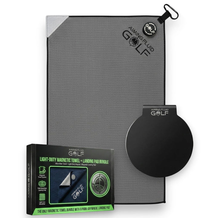 aiming fluid golf Golf grey towel with magnetic towel and landing pad bundle packaging on a white background, 3 stage cleaning system, magnetic landing pad