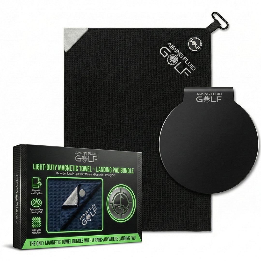 aiming fluid golf Golf black towel with magnetic towel and landing pad bundle packaging on a white background, 3 stage cleaning system, magnetic landing pad