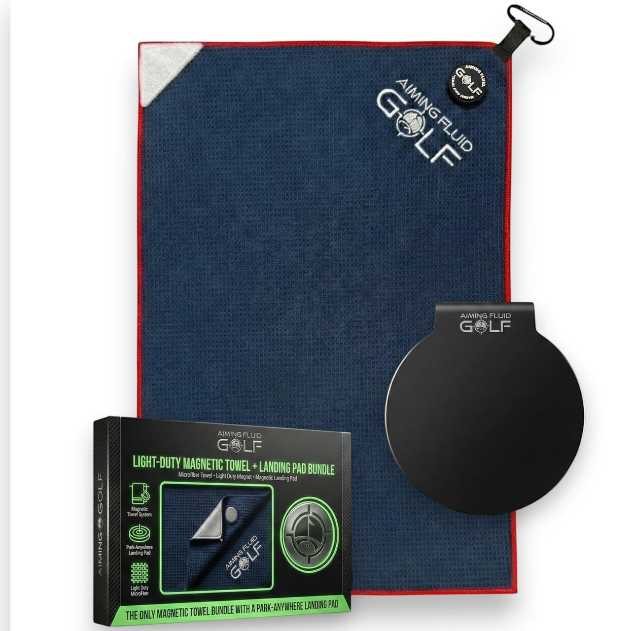 aiming fluid golf Golf blue towel with magnetic towel and landing pad bundle packaging on a white background, 3 stage cleaning system, magnetic landing pad