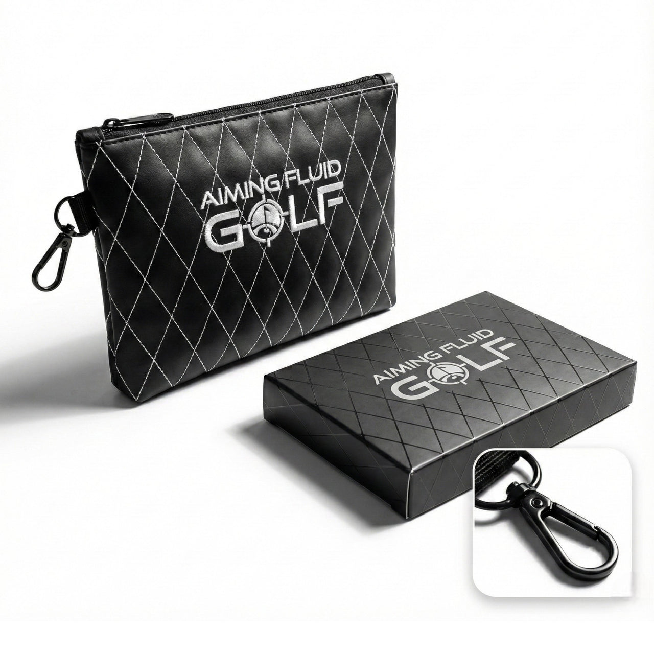 Aiming Fluid Golf premium leather valuables pouch in Black with diamond cross-stitch pattern and heavy-duty zippered closure