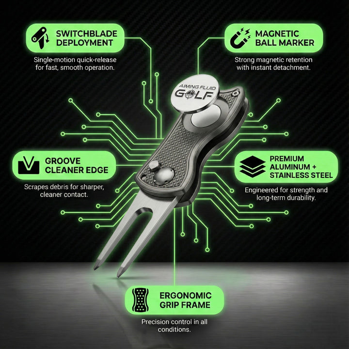 aiming fluid golf Golf divot tool with features highlighted on a dark background