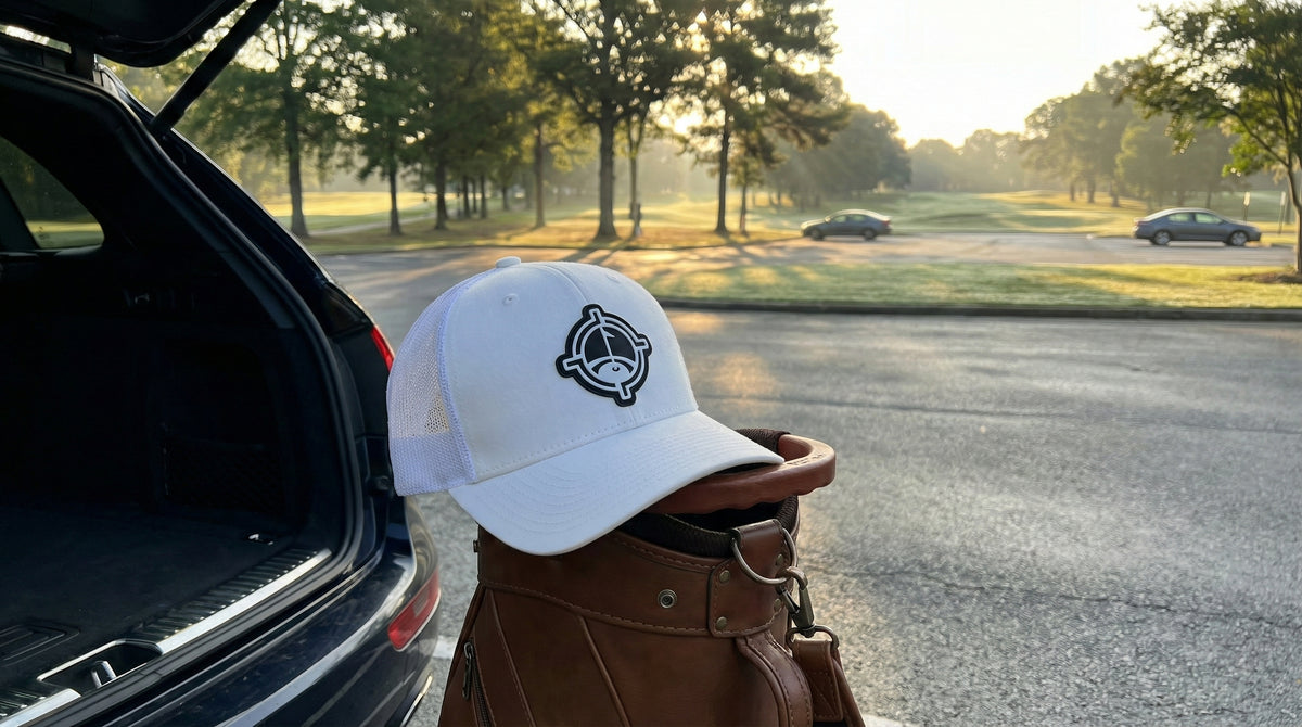 Aiming Fluid Golf white mesh hat resting on a golf bag in a parking lot before a round