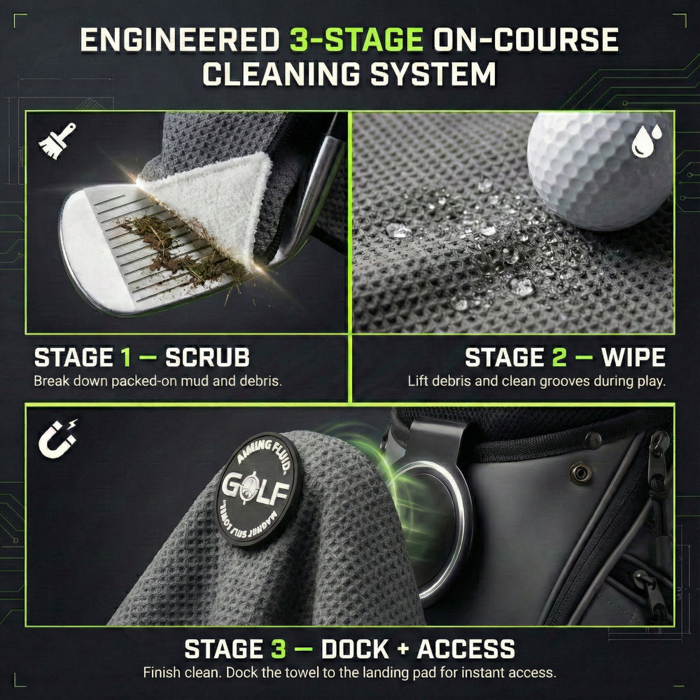 The 40 magnetic golf towel system showing Scrub Wash Dry cleaning and Landing Pad docking routine.
