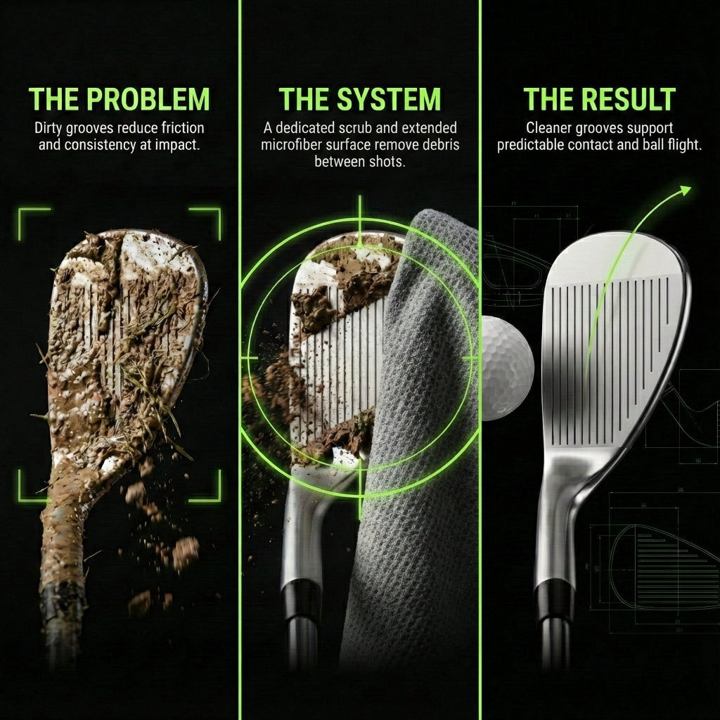 Golf club cleaning infographic for The 40 magnetic towel system with scrub pad, wash pockets, and dry zone.