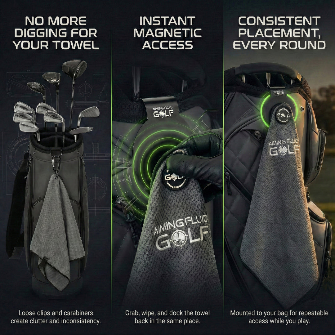 The 40 premium magnetic golf towel system showing Magna-Anchor attachment and consistent bag placement.